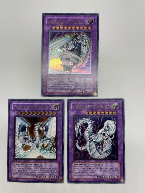 Yu-Gi-Oh! Cyber Twin Dragon, UFOroid Fighter, Cyber End Dragon. 1st Editions. (1 of 4)