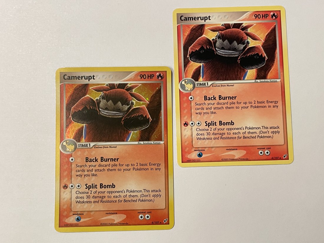 TWO Camerupt 4/107 Pokémon Cards, One Holo: 2005 Pokémon / Nintendo. 90 HP. Comes with sleeve. Great condition!