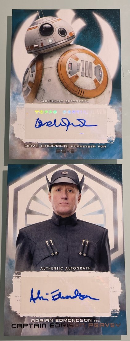 Star Wars: The Last Jedi. Captian Edrison Peavey and BB-8, Authentic Autographs.: Played by Dave Champan and Adrian Edmondson. 13/25 Gold Stamped. Topps.