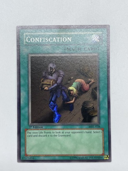 Yu-Gi-Oh! Confiscation. 1st Edition.: Magic card. If PSA graded 10, it can retail for $300. MRL-038. 1996 Kazuki Takahashi.
