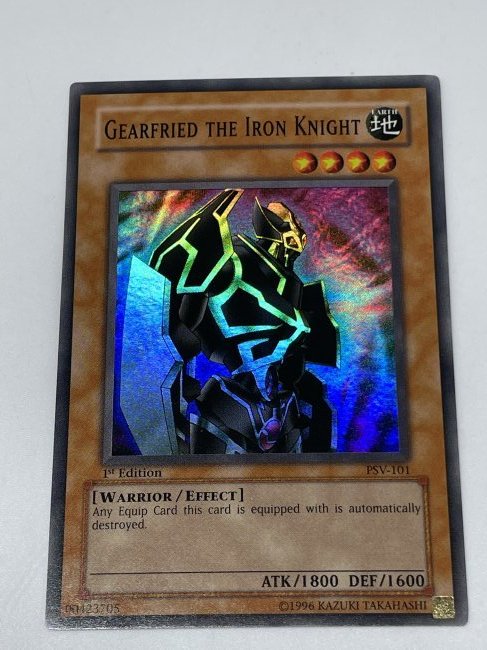 Yu-Gi-Oh! Gearfried The Iron Knight. 1st Edition.: Super card. If PSA graded 9, it can retail for $150. PSV-101. 1996 Kazuki Takahashi.
