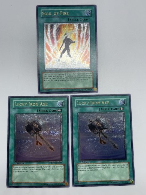 Yu-Gi-Oh! Lucky Iron Axe and Soul of Fire, SPELL Cards.: Ultimate, 1st Edition Cards. 1996 Kazuki Takahashi.