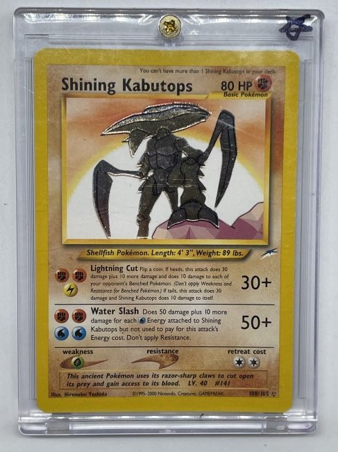 Shining Kabutops, HOLO, Basic Pokémon. 108/105! Rare: 80 HP, Shellfish Pokémon. 1995-2000 Nintendo