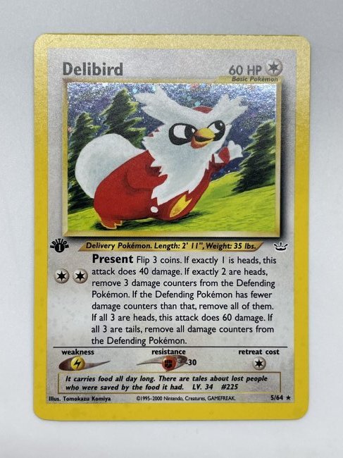Pokémon Delibird, 1st Edition. HOLO: 5/64 RARE. If graded 10, can retail for $600, graded 9, can retail for $300. 60 HP Basic Pokémon. 1995-2000 Nintendo.