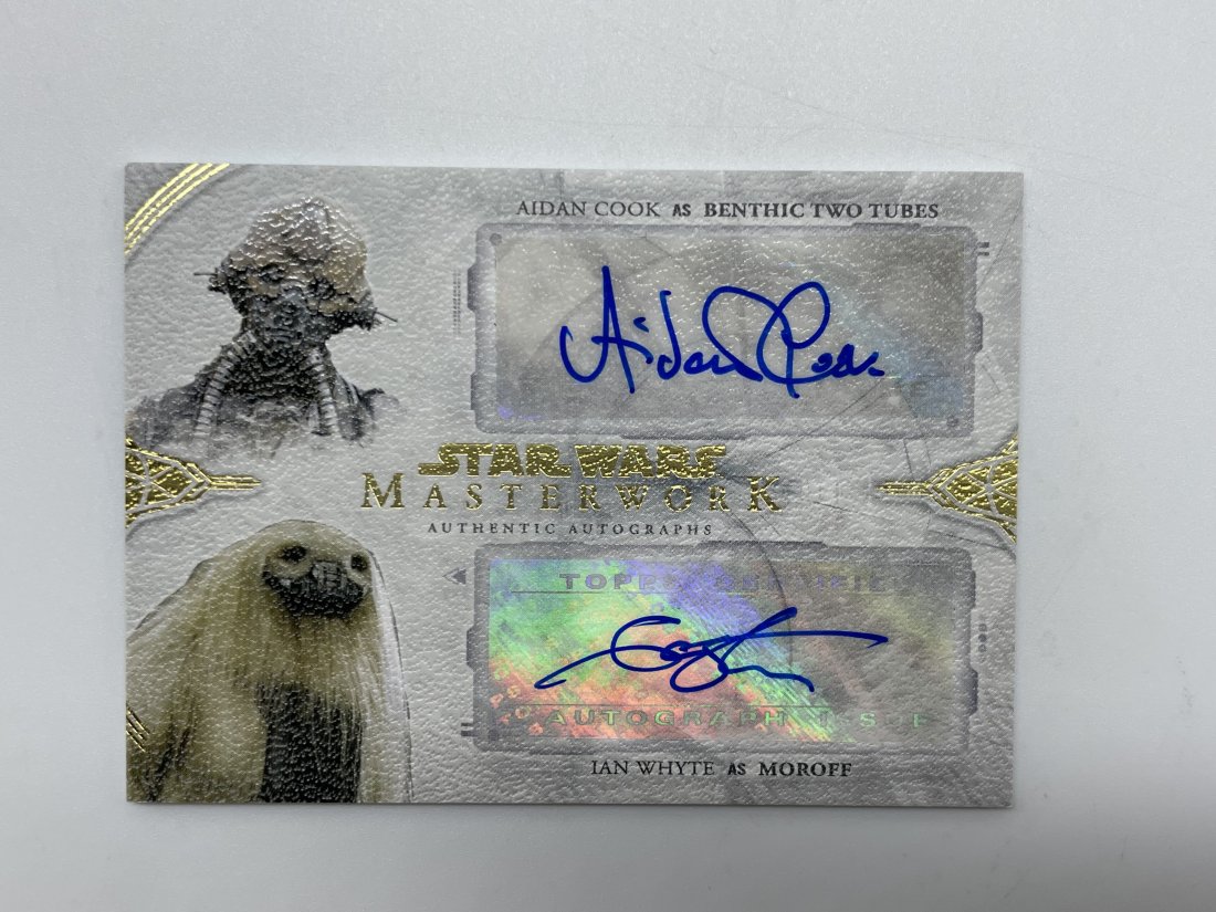 Star Wars Authentic Dual Autographs, 19/25 Silver Stamped.: Aiden Cook as Benthic Two Tubes and Ian Whyte as Moroff. DA-CW. Gold Lettering, Masterwork, Topps.