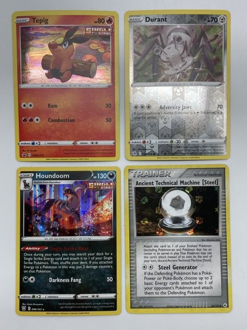Pokémon Cards! Trainer, Houndoom, Durant, amd Tepig.: Basics and Stage 1. Game Freak. Trainer 86/101 HOLO, Houndoom SECRET HOLO, Tepig HOLO, and Durant Reverse Holo.