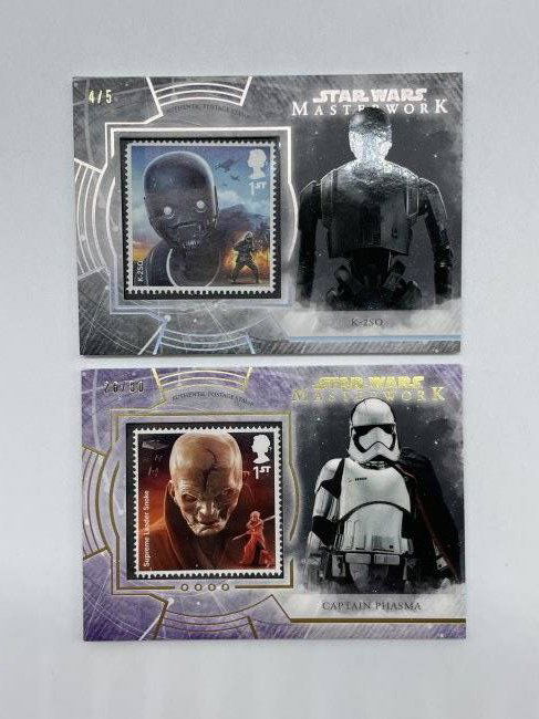 Star Wars Supreme Leader Snoke and the First order and K-2SO On Scarif! Stamp Relics.: 4/5 and 26/50 GOLD STAMPED! Masterwork, Topps.