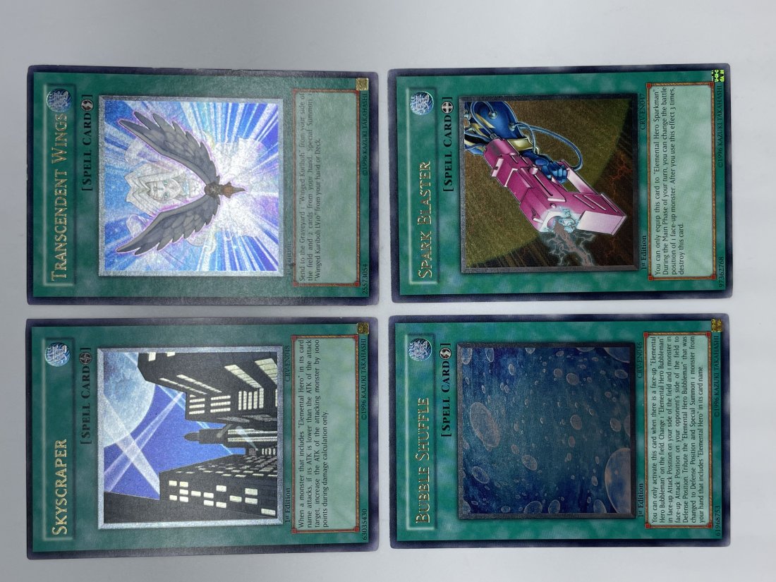 Yu-Gi-Oh! Spark Blaster, Bubble Shuffle, Skyscraper, Transcendent Wings.: ALL 1st edition, Spell Cards. ULTIMATES. 1996 Kazuki Takahashi.