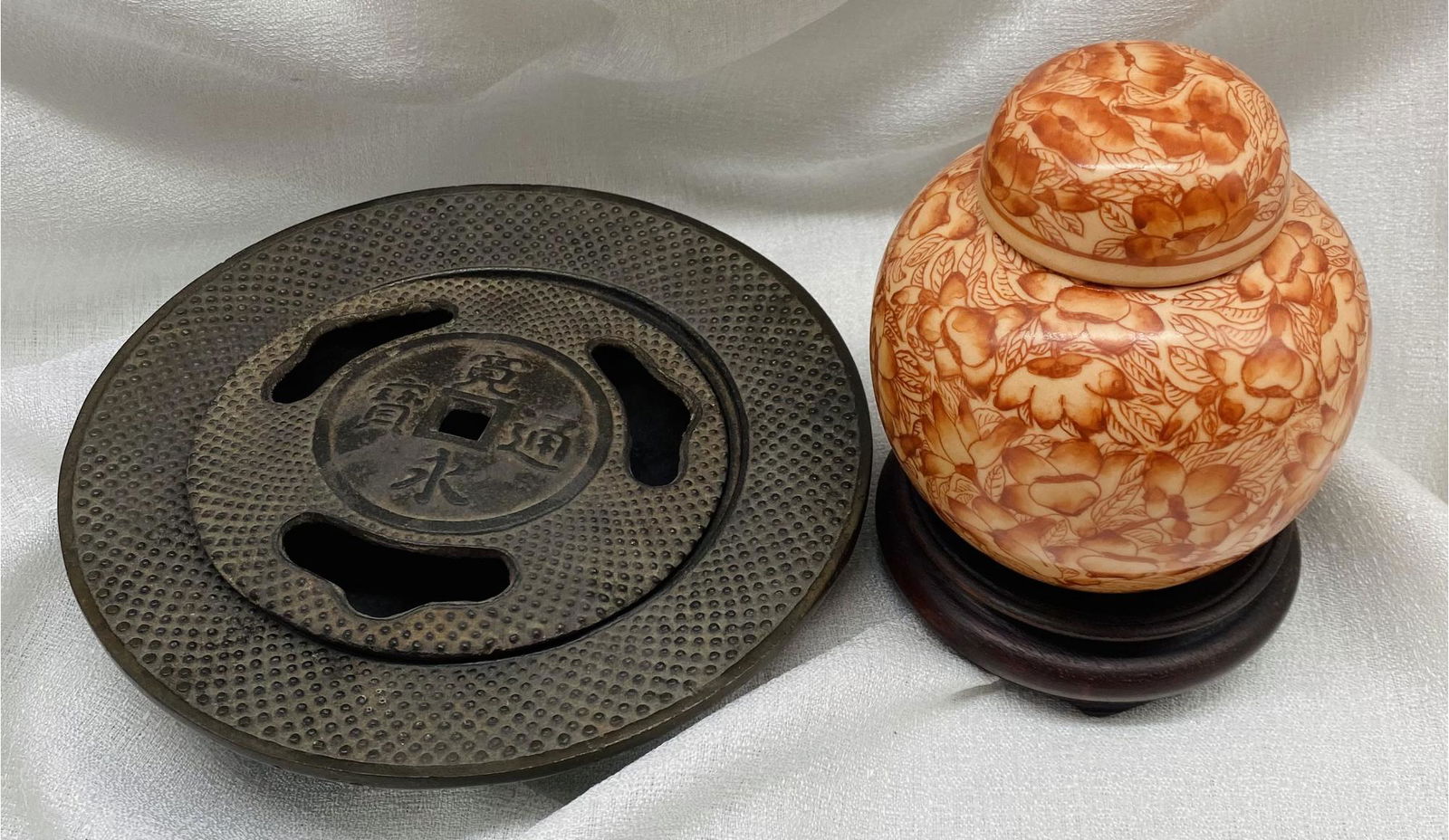 Cast Iron Ash Tray With Lid, Plus Beautiful Hand Painted Vase / Urn From Neiman Marcus (1 of 3)