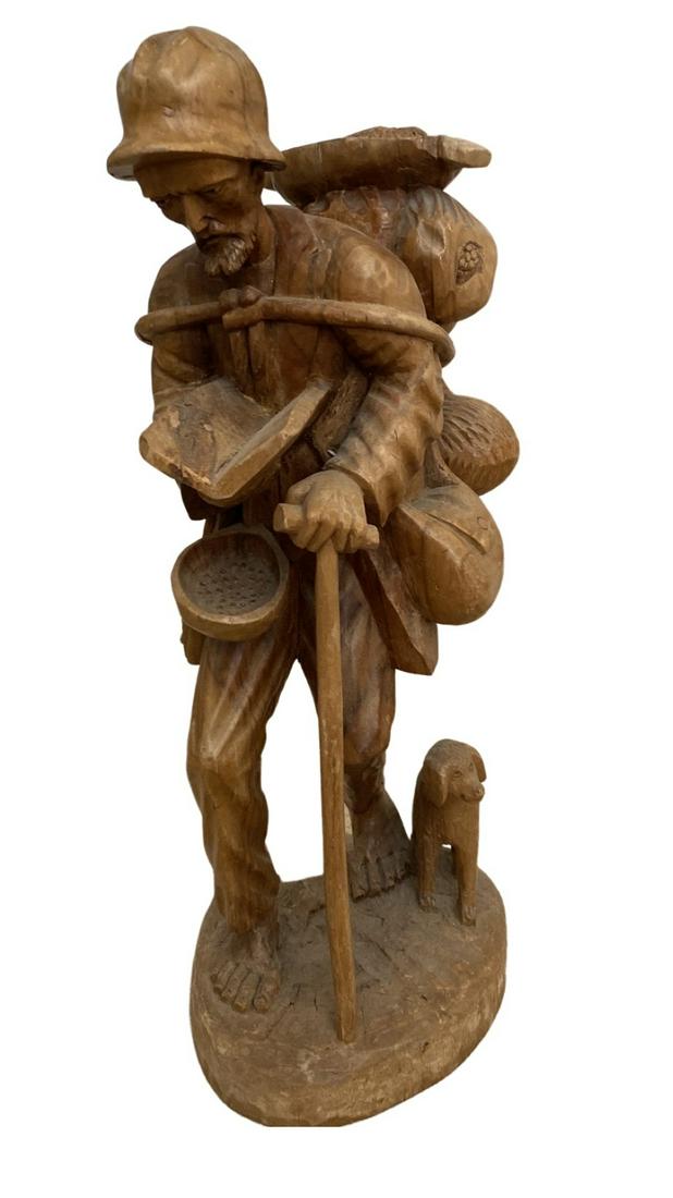 Hand Carved Wooden Statue Of Traveling Man With Dog. Stands 20 Inches Tall (1 of 3)