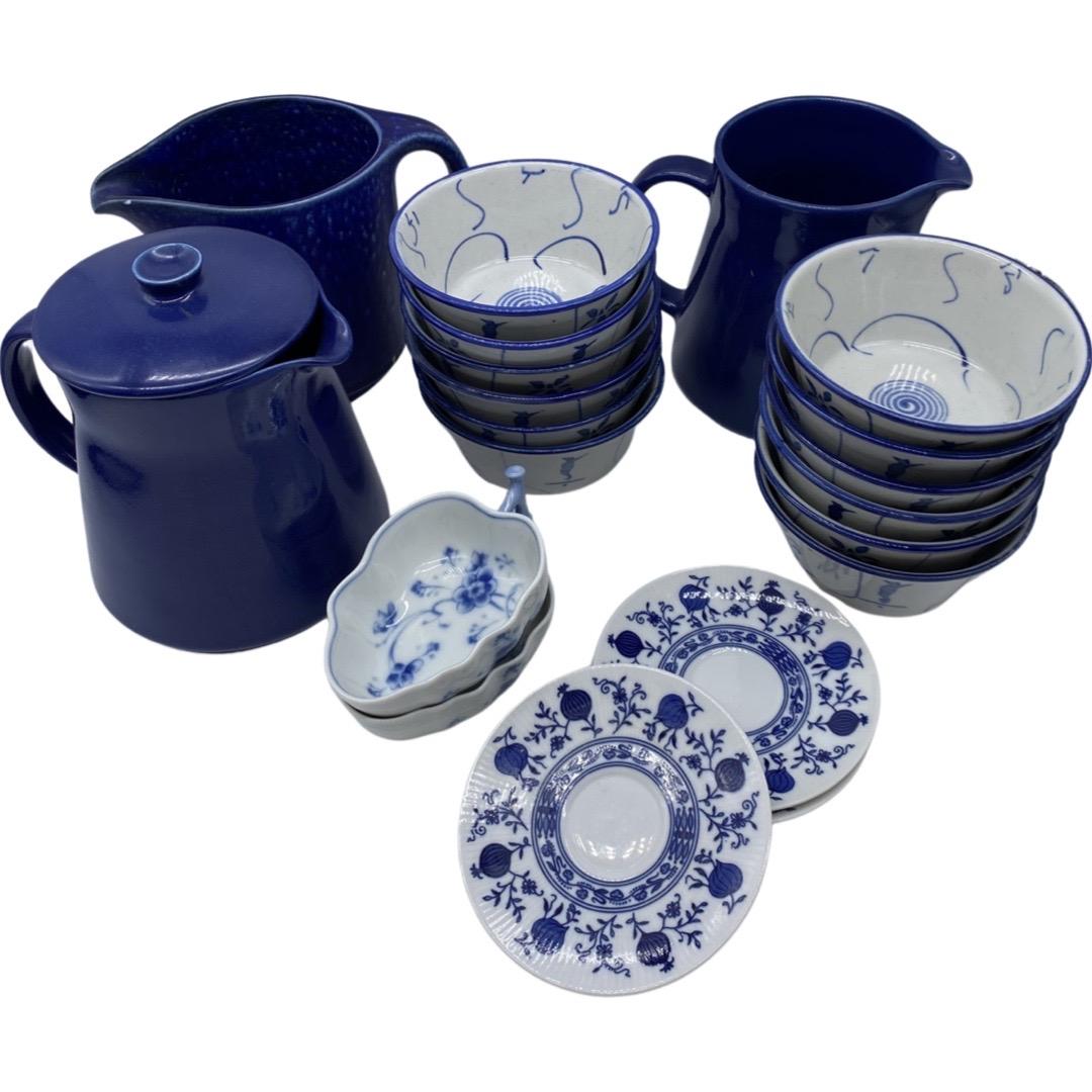 Collection Of Blue Ceramic Dishes, Including (12) Bowls Hand Painted In China (1 of 1)