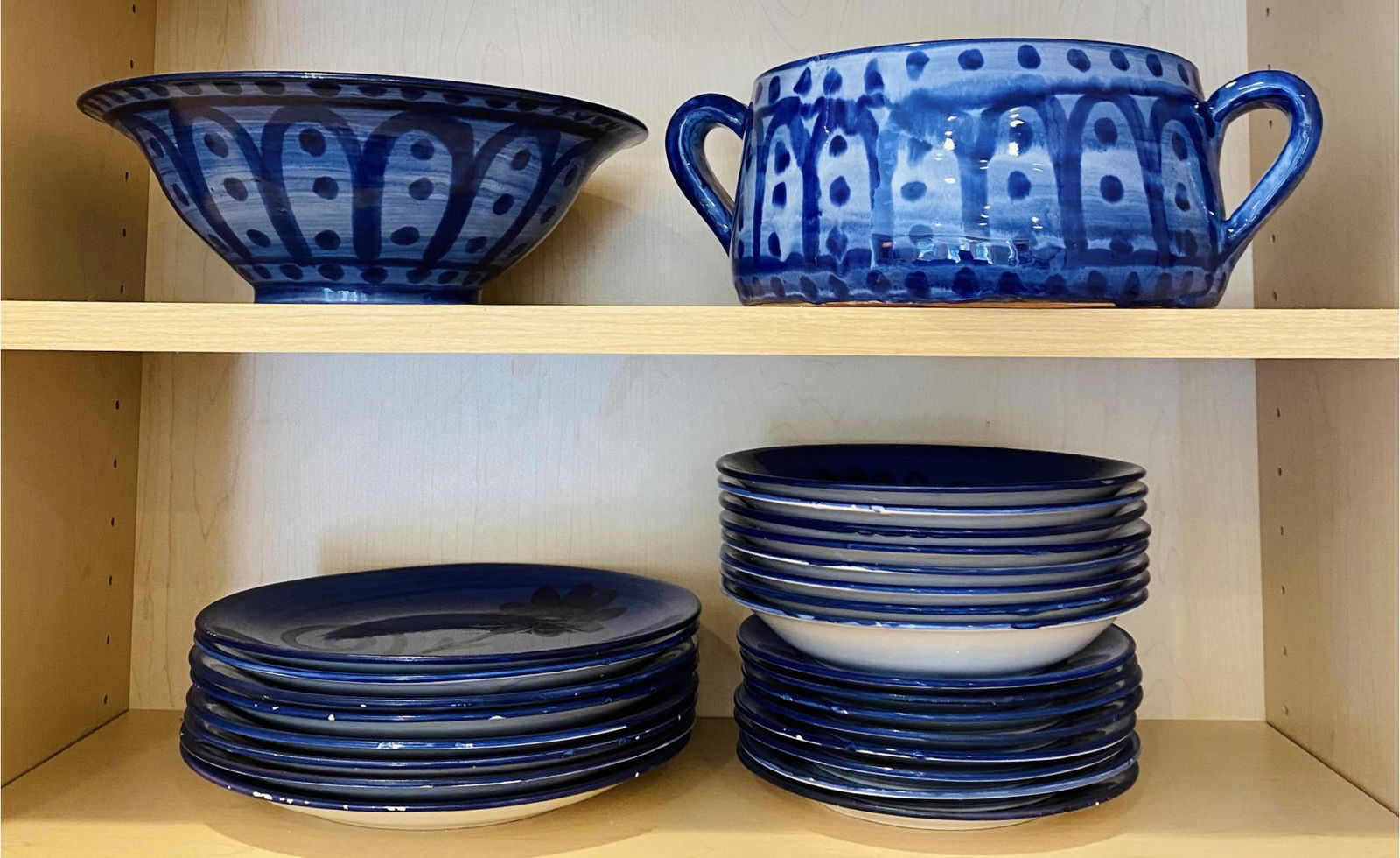 Blue Painted Ceramic Kitchen Plates, Plus Two Serving Bowls (1 of 4)