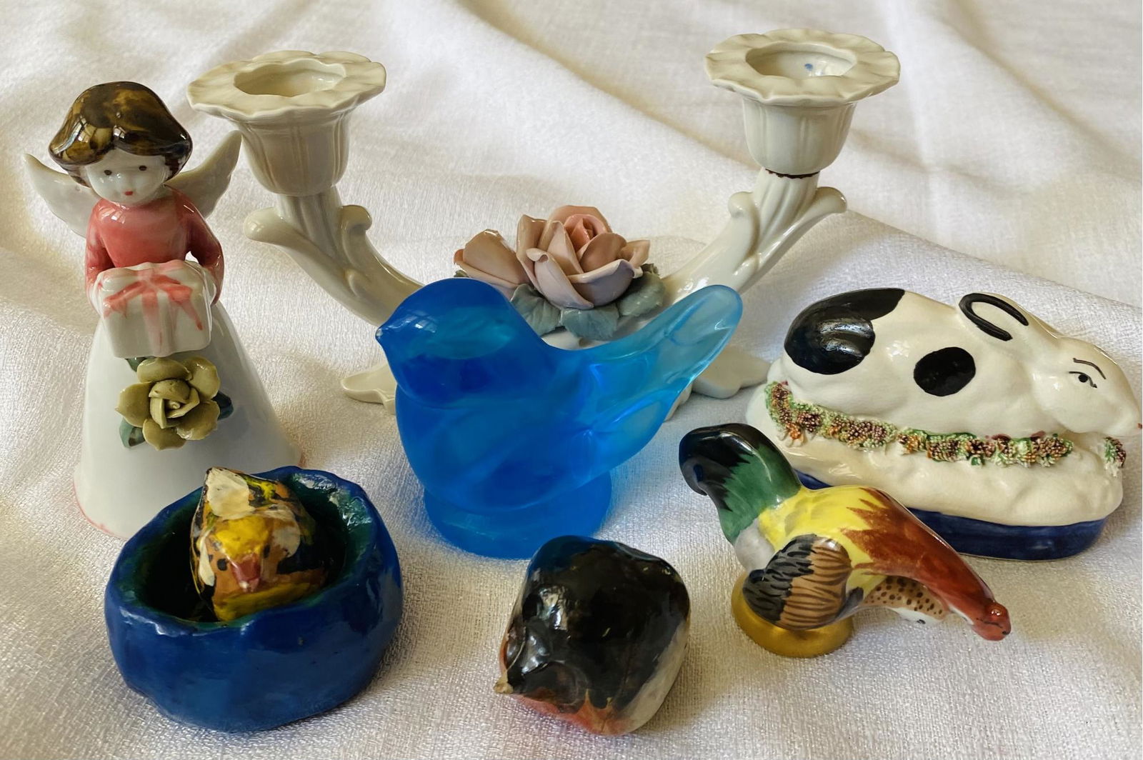 Collection Of (6) Miniature Figurines, Porcelain And Glass, Plus Candle Holder (1 of 1)