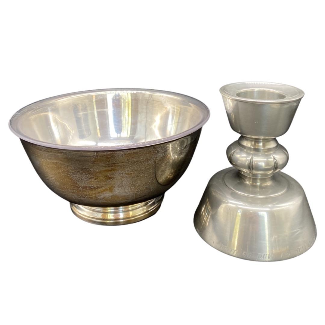 Silver Plate Bowl By Paul Revere, Plus Handle Holder With Engraving At The Bottom: Candle holder stands 5.75 inchesBowl 8 inches diameter