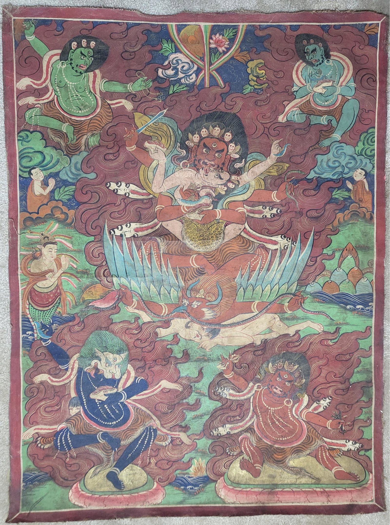 4 Armed Mahakala With Consort Thangka, Unframed, 32x24 (1 of 2)