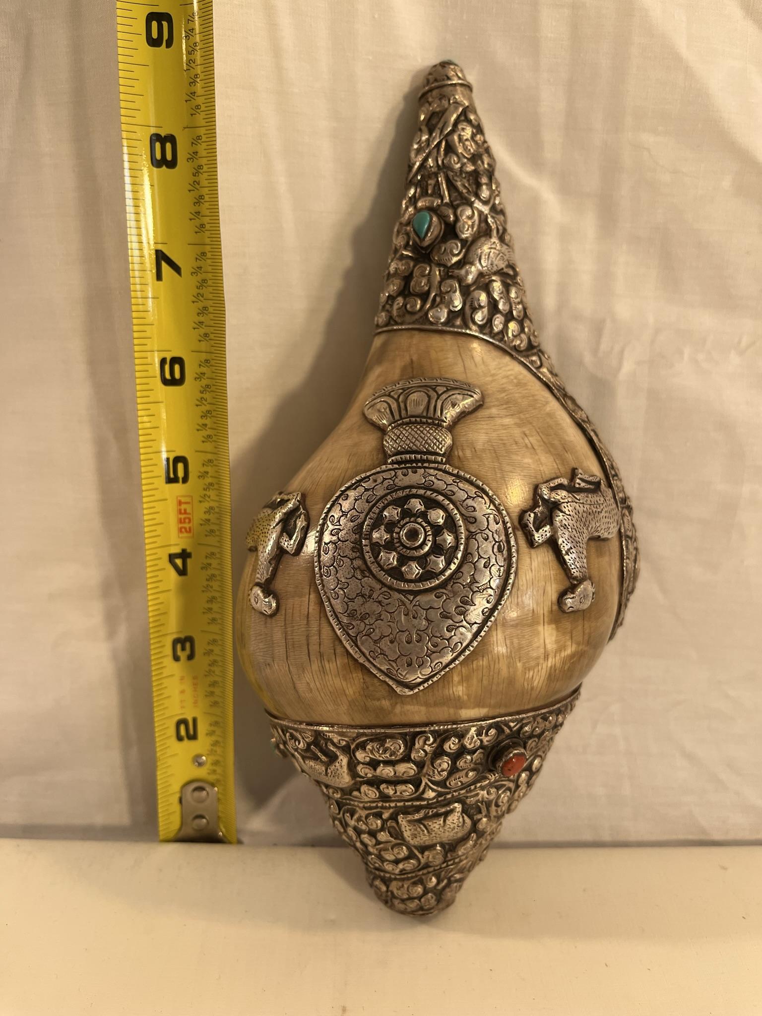 9 Inch Antique Nepal Tibetan Buddhist Conch Shell, Inlaid Silver, Turquoise & Ruby (1 of 2)