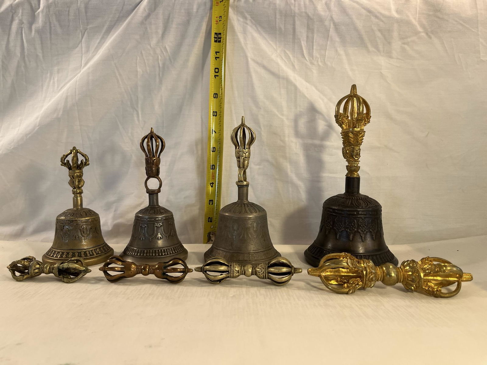 Set Of 4 Tibetan Bronze Brass Ritual Bell & Dorje, Small To Medium (6in, 7in, 7 12in, 9in) (1 of 6)