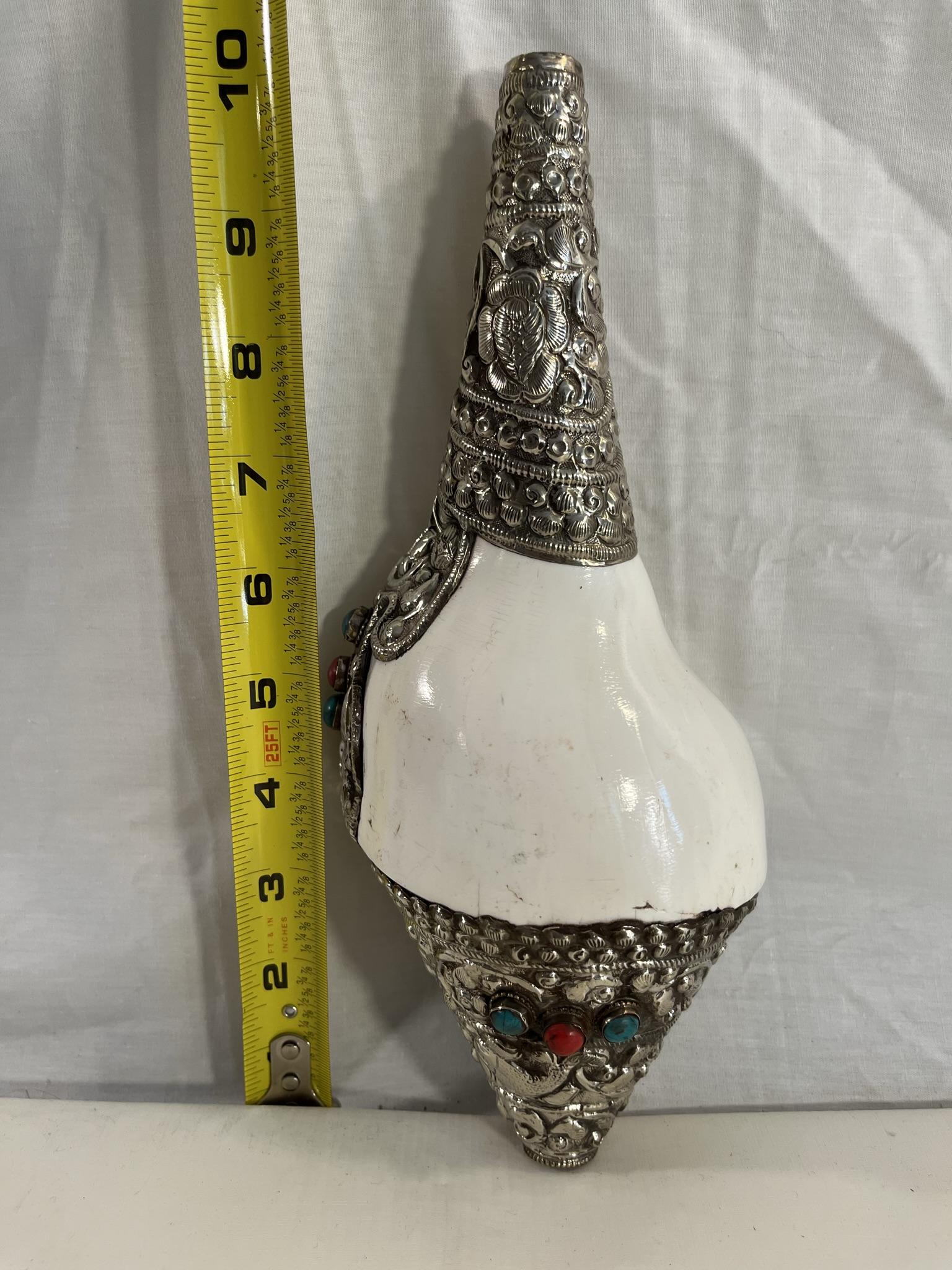 Antique Nepal Tibetan Buddhism Conch Shell, Inlaid Silver, Turquoise & Ruby - 10 inches (1 of 2)