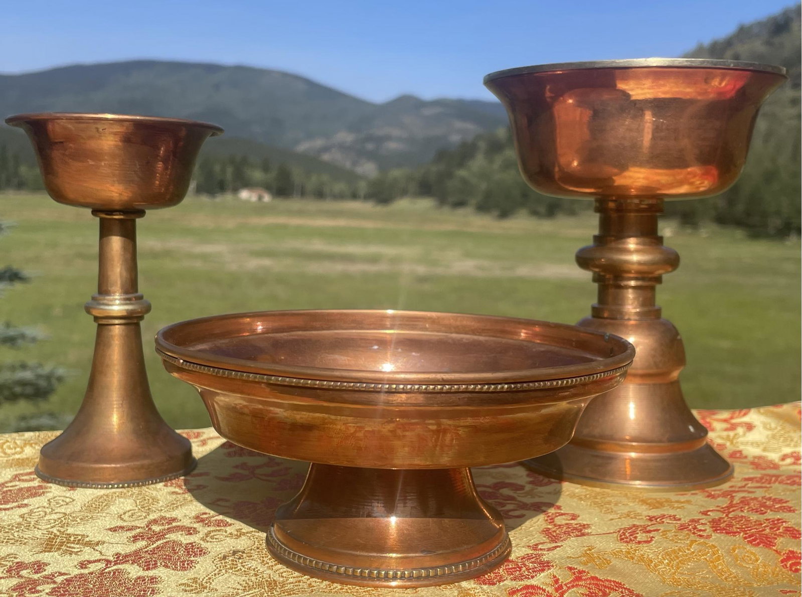 Ceremonial Copper Tibetan Buddhist Butter Lamps (6 H) And Bowl: Ceremonial Copper Tibetan Buddhist Butter Lamps (6 H) And Bowl