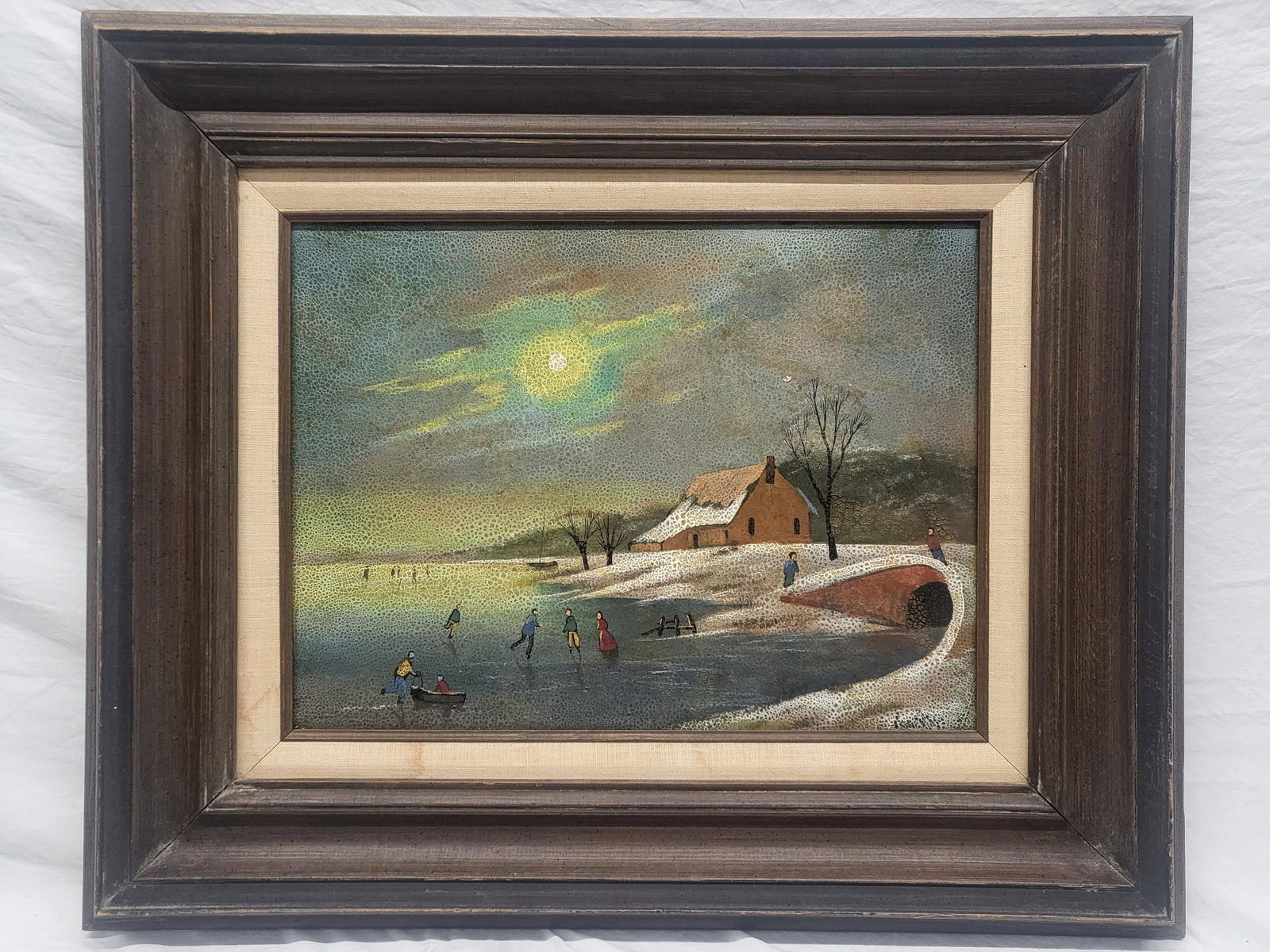 Artwork, Winter Country Scene With Ice Skaters, Signed, Signature Not Readable 12 X 16 (1 of 2)