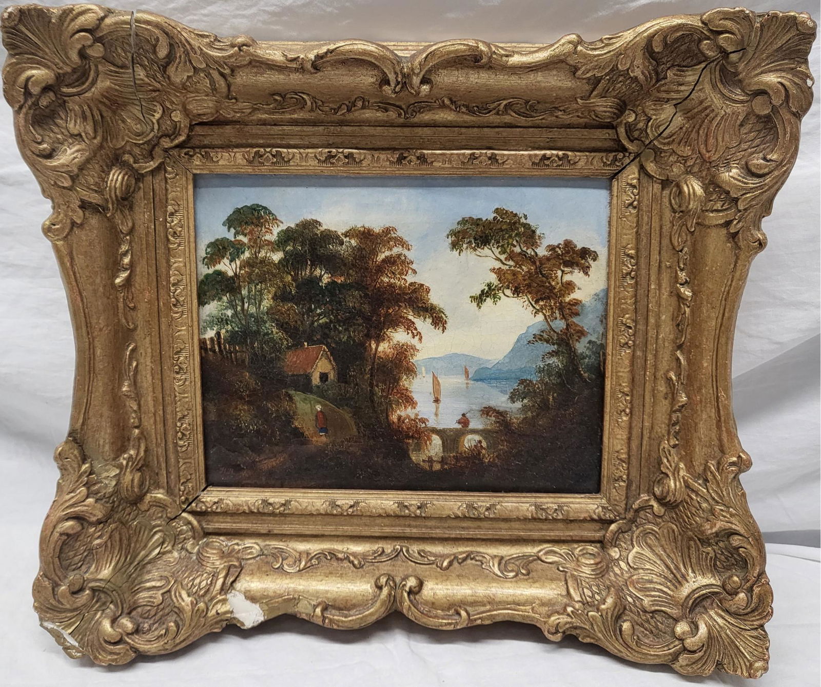 Seaside Cottage And Sail Boats, See Photos For Damaged Frame, Artist Unknown (1 of 6)