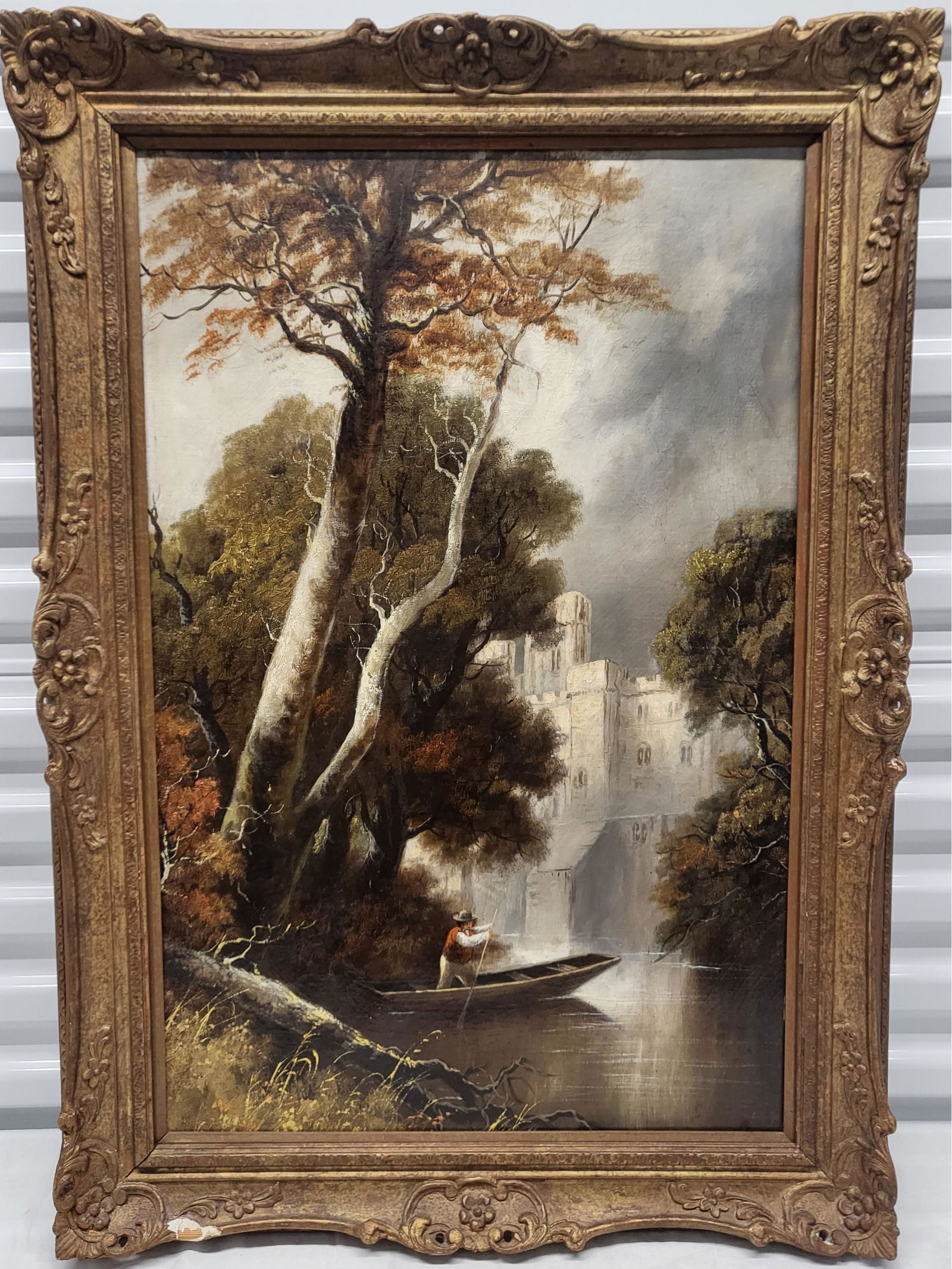 Artwork, Framed, Man Boating By Castle - See Photo For Frame Damage (1 of 5)