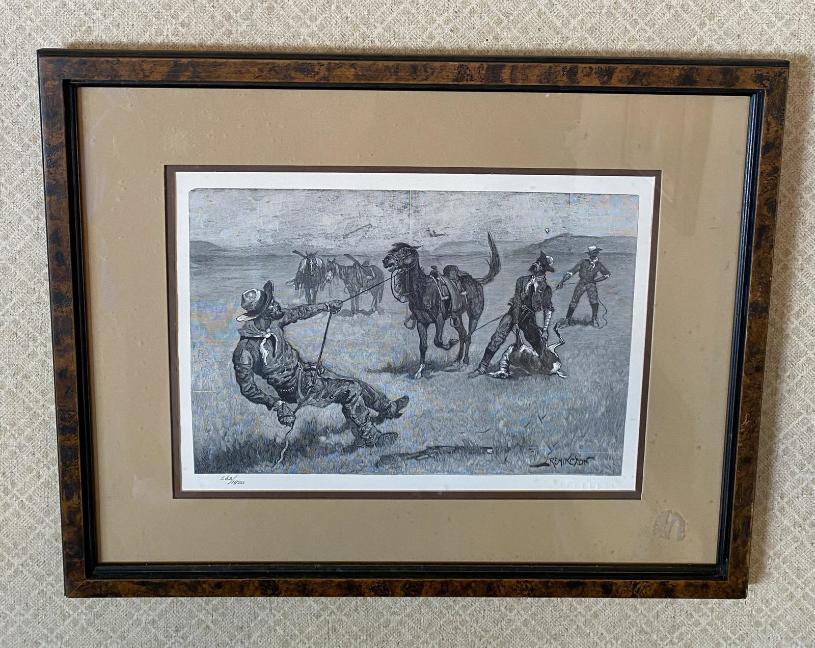 Mustang Wood Engraving Press By Frederic Remington (22in X 17in With Frame): â€œTeaching a Mustang Pony to Pack a Dead Game”