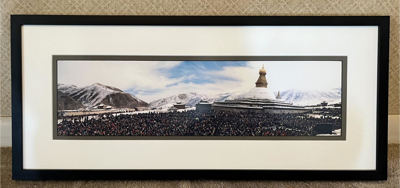 Lithograph, Crowd Gathering By Stupa, Artist Unknown,  (Approx. 29in X 13in With Frame) (1 of 4)