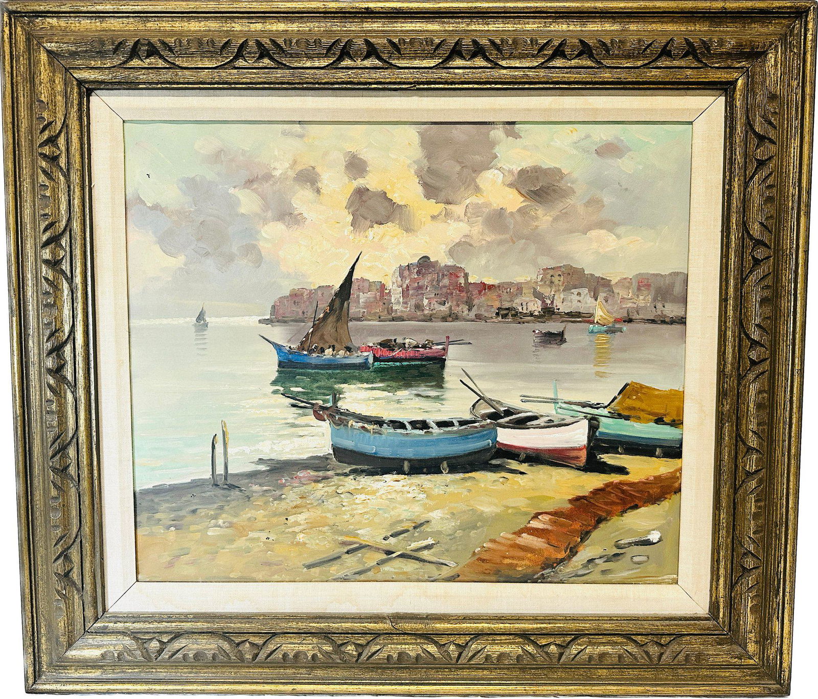 Artwork, GNL Initials On Back, Marked No. 57, Unsigned, Boats & Serene Coastal Scene. 32.5x29 (1 of 5)