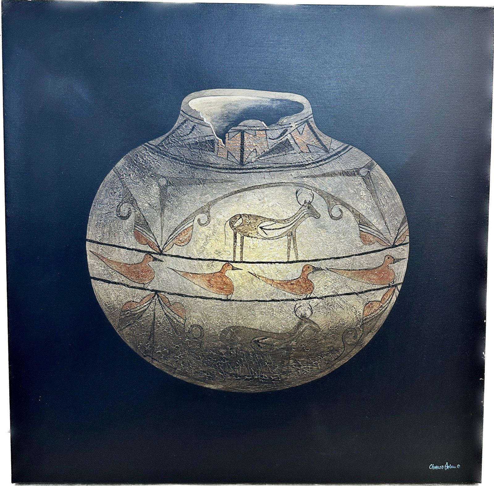 Southwestern Pot Acrylic On Canvas, Signed Charles A Bell, 30x30: Southwestern Pot Acrylic On Canvas, Signed Charles A Bell, 30x30