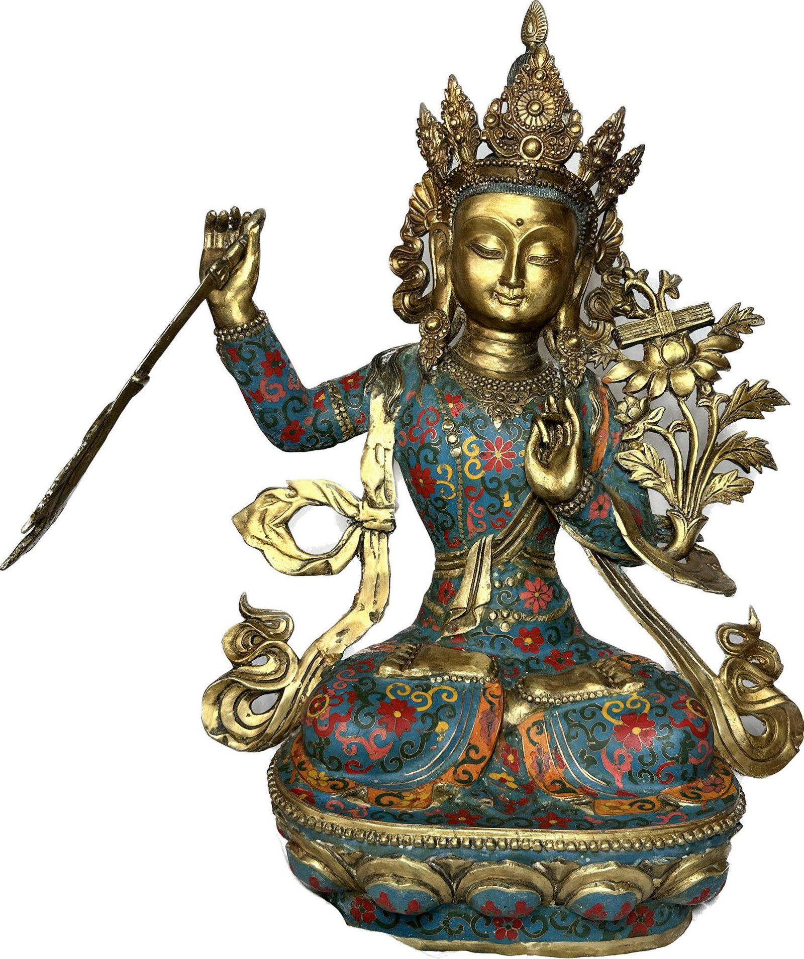 Old Tibet Bronze Inlay CloisonnÃ© Gem Wench Manjushri Buddha Statue (1 of 5)