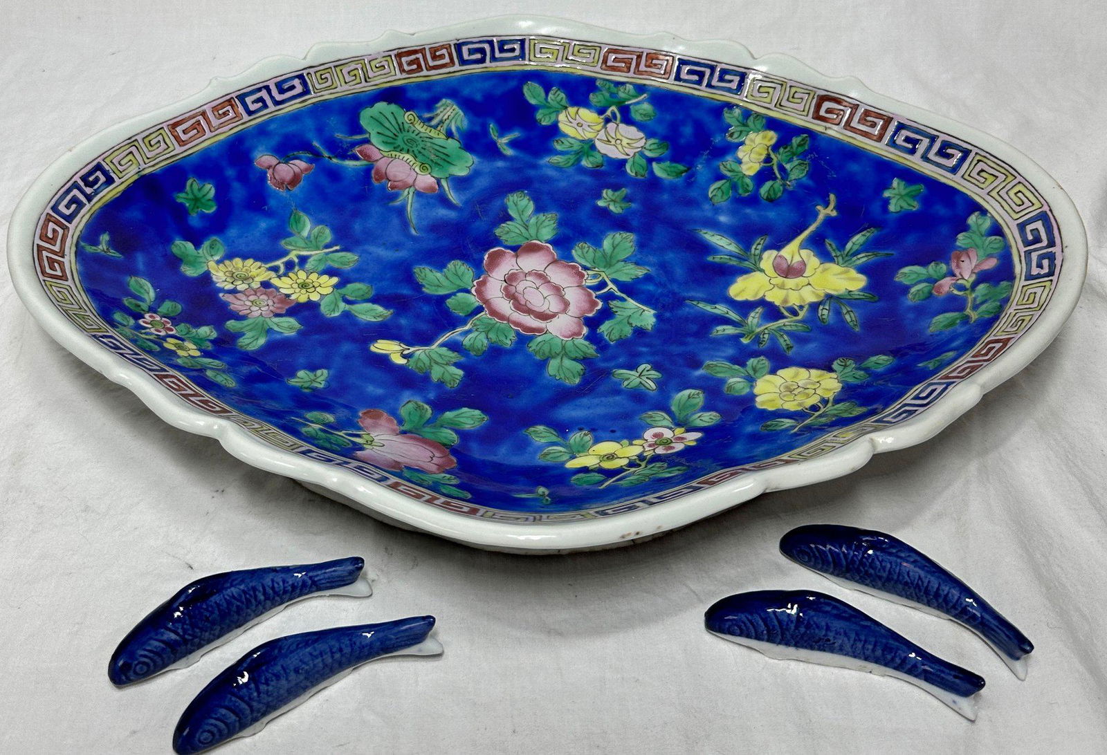 Asian Painted Flowered Dish And Ceramic Fish (1 of 8)