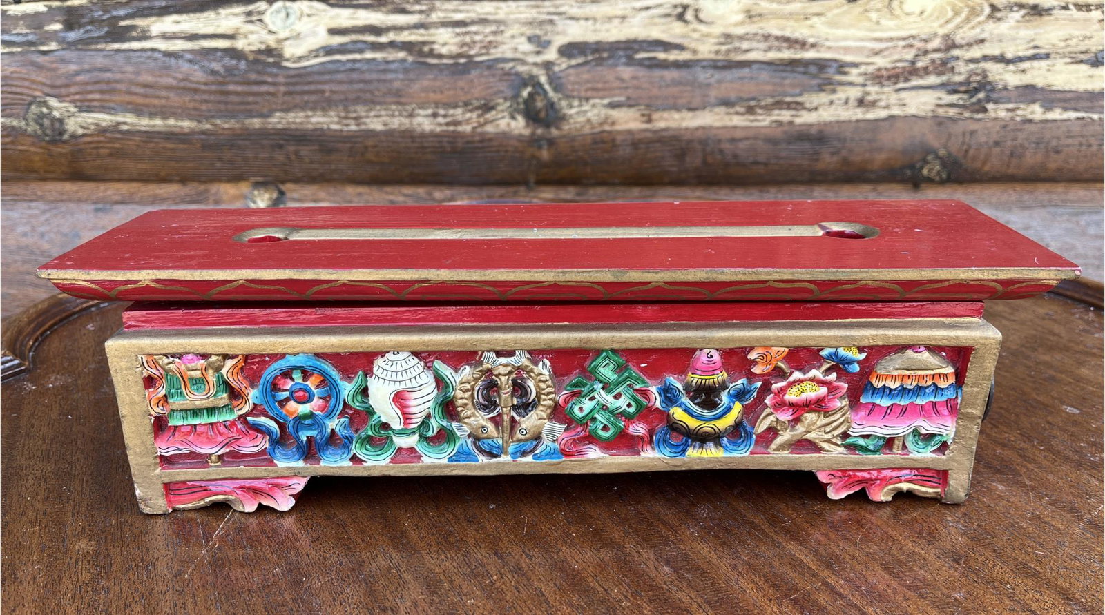Astamangal Carved, Handcrafted Wooden Incense Burner Red Box: Astamangal Carved, Handcrafted Wooden Incense Burner Red Box
