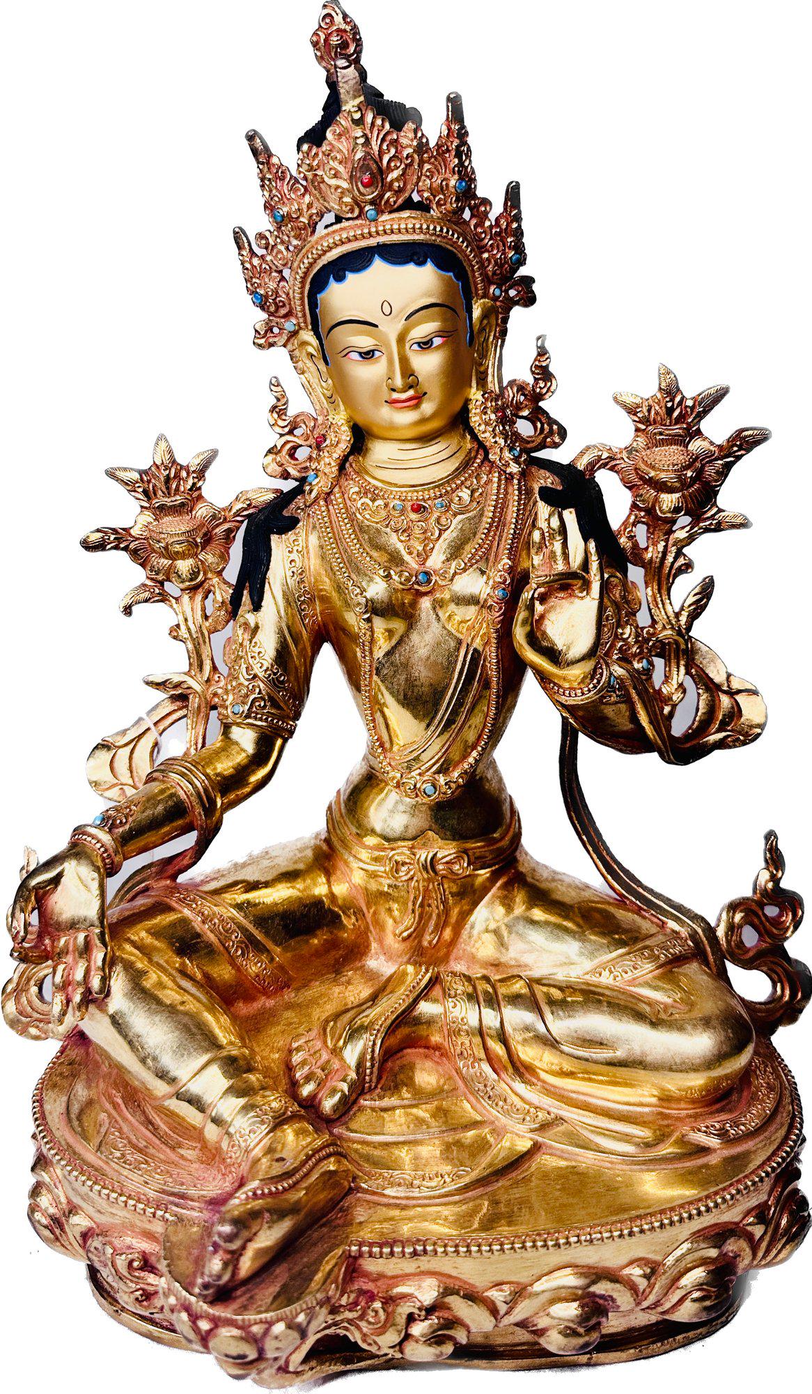 Tibetan Goddess Tara Goldtone Buddhist Statue - 12 inches H (1 of 6)