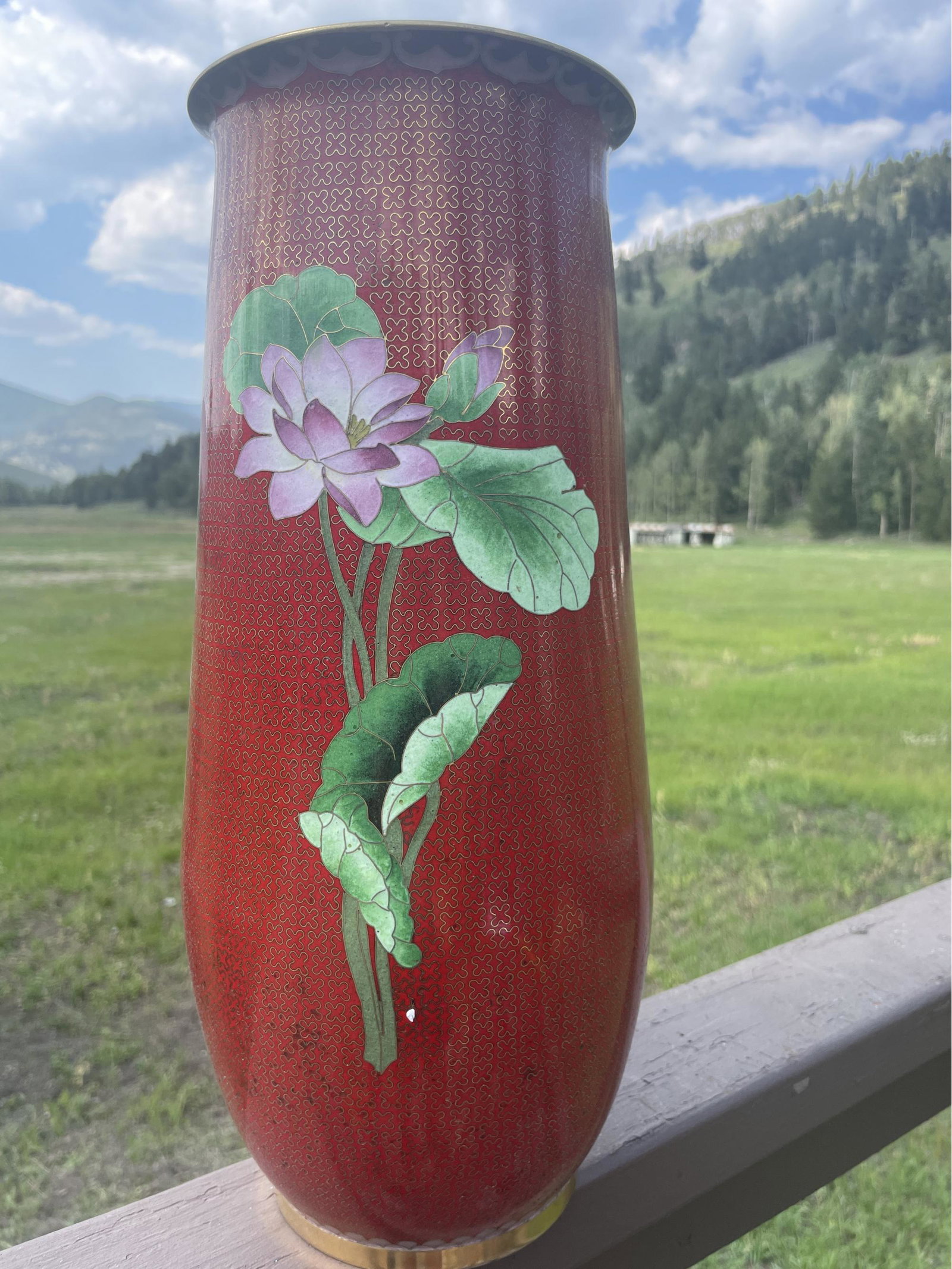 Tall Red Cloissone Vase With Crane: Tall Red Cloissone Vase With Crane
