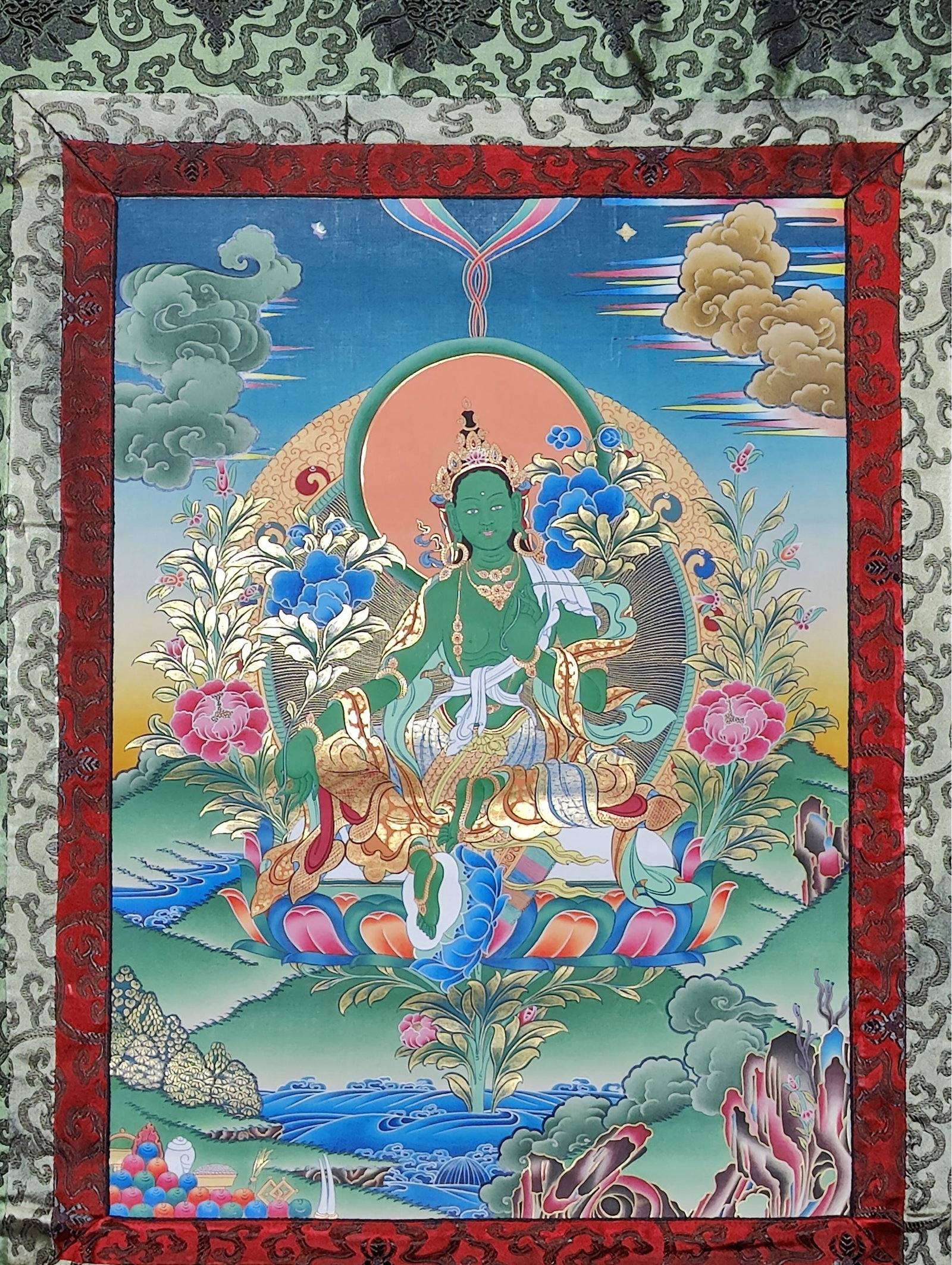Green Tara Thangka, 46 X 26: Green Tara Thangka, 46 X 26