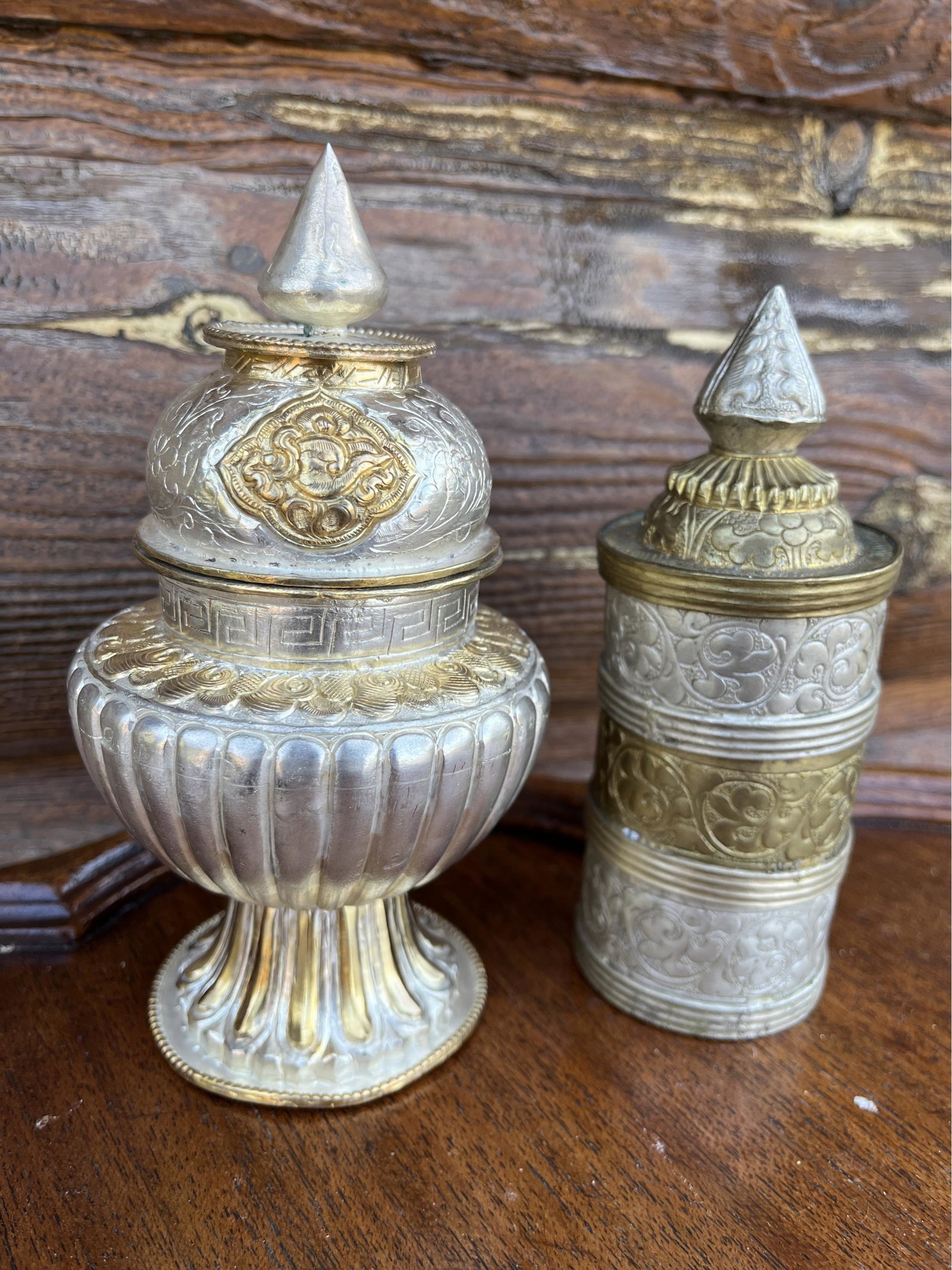 Tibetan Brass And Silver-colored Containers: Tibetan Brass And Silver-colored Containers