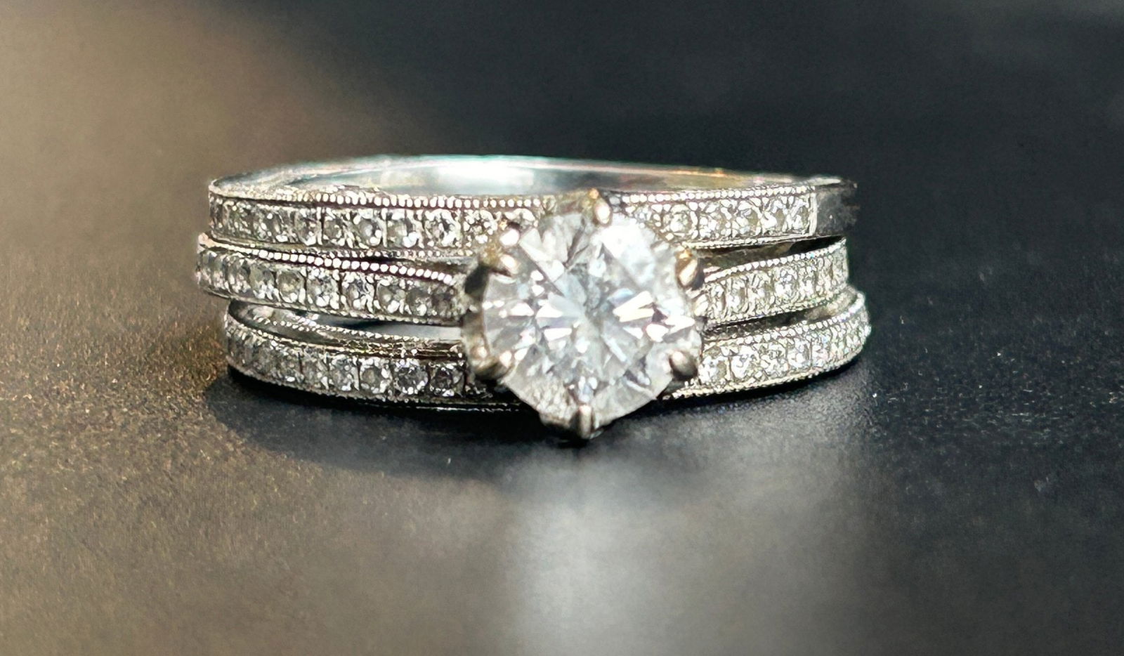 Parade 18 Kt White Gold & Diamond Engagement Bridal Wedding Set With 2 Pave Set Diamond Bands (1 of 7)