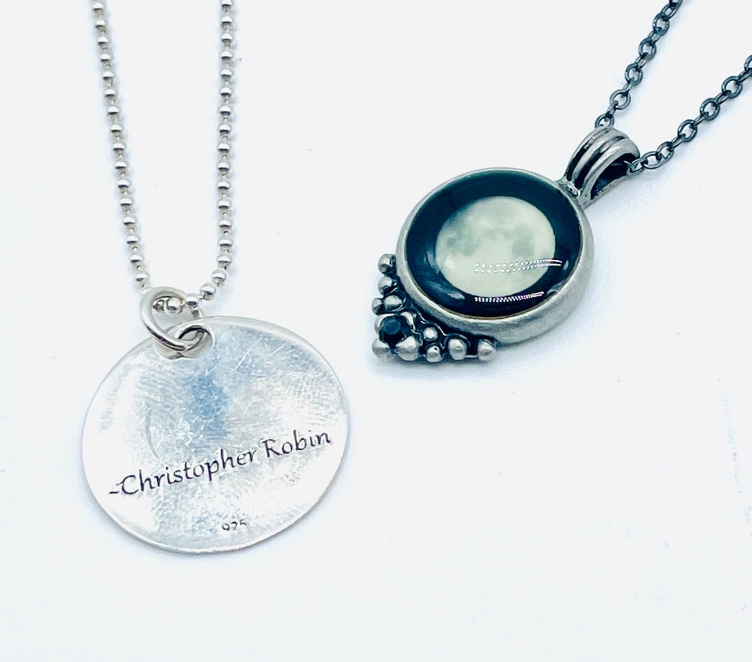 Sterling Christopher Robin, Pendant And Silvertone Chain. Pewter Pendant With Gemstone & Silvertone: inscription on pendant:Promise me you’ll always remember you are braver than you believe and stronger than you seem and smarter than you think.