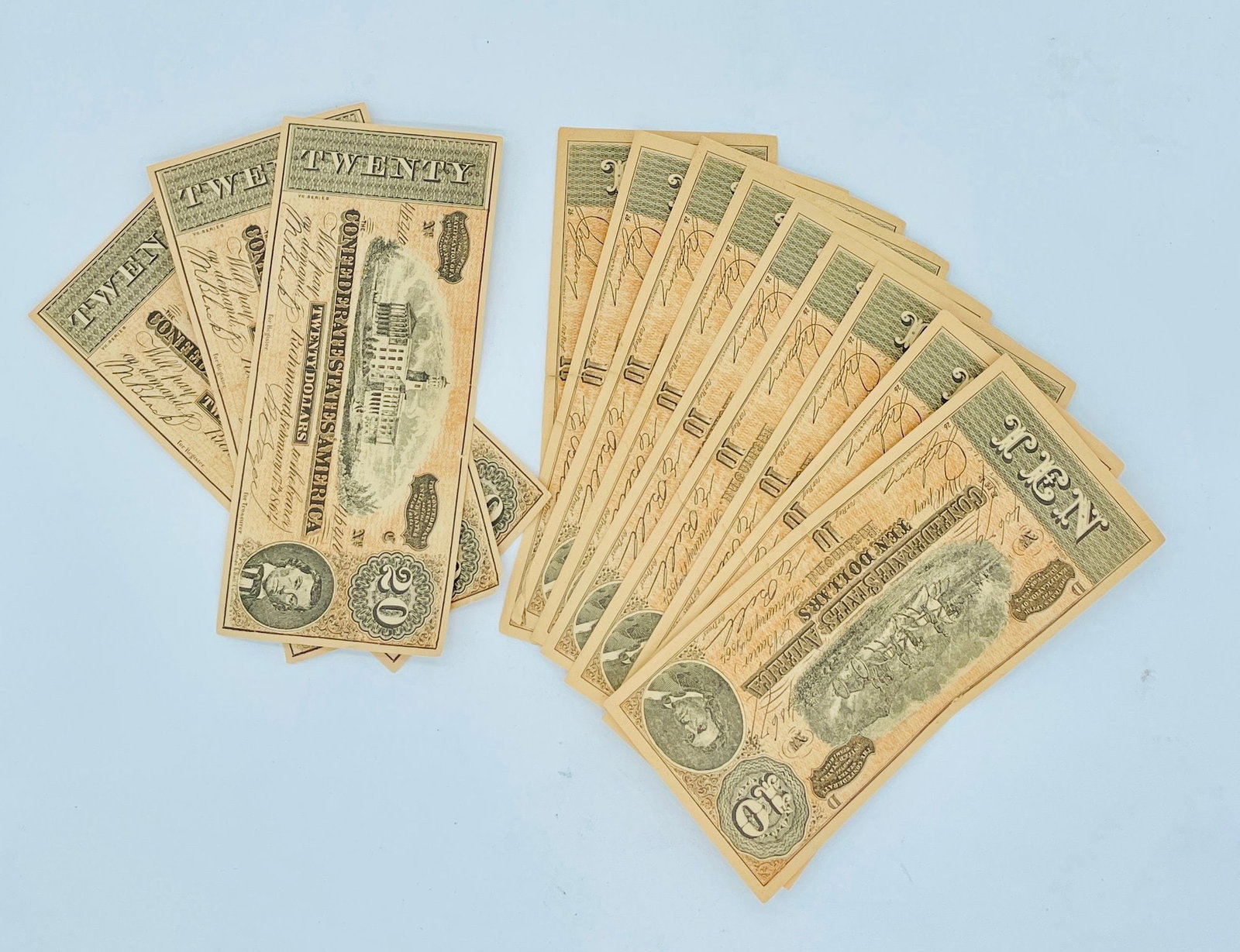Confederate Currency Civil War Reproduction Bills $10, $20 Small Tears On Some Bills. See Photos.: Local Pickup in Loveland Colorado : Friday, August 23th from 10:00 AM to 6:00 PM. If you need shipping, please email us at contact@estateinventoryservices.com immediately after the auction. We cannot 