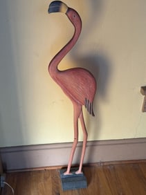 Life-sized Carved Wood Flamingo Sculpture, Size: 36" Height