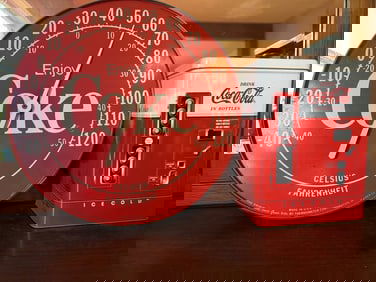 Coca-Cola Advertising Thermometer And Coca-Cola Vending Machine Tin Box, Size: Thermometer,