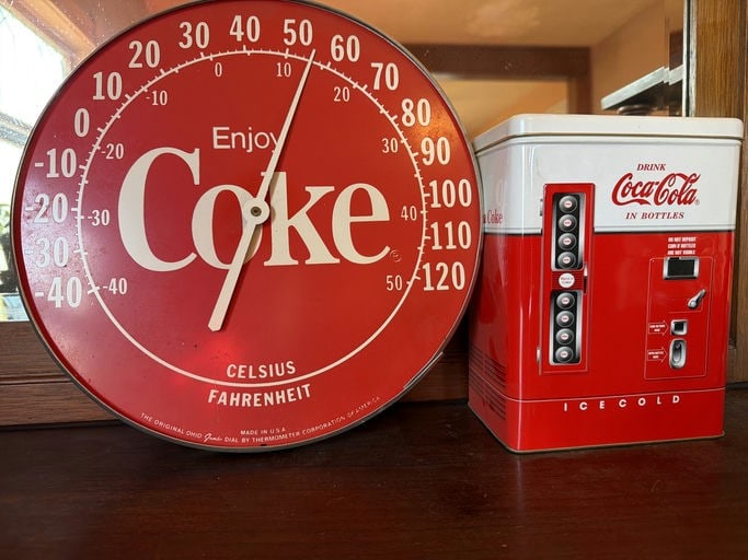 Coca-Cola Advertising Thermometer And Coca-Cola Vending Machine Tin Box, Size: Thermometer, 11.5x11. (1 of 2)