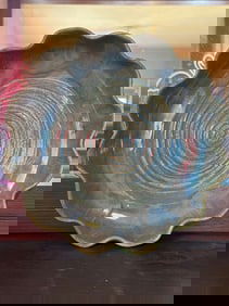 Pottery Green And Brown Bowl With A Spiral Pattern Signed By Artist