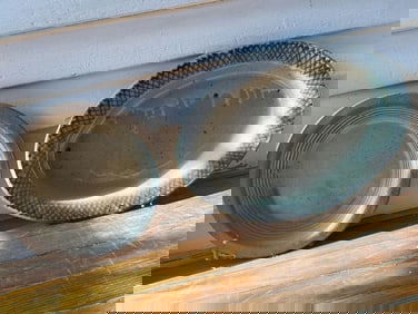 Studio Pottery Set: Oval Lattice-Rim Platter And Round Ribbed Stoneware Bowl