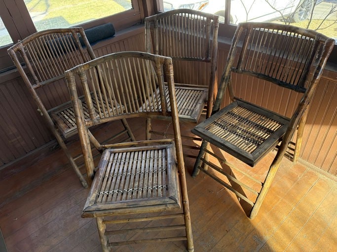 Scorched Bamboo And Rattan Folding Side Chairs. (1 of 2)