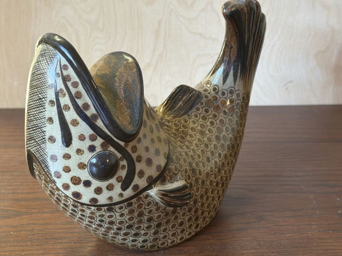 Large Vintage Tonala Mexican Pottery Fish Figurine - Signed Ken Edwards Era Folk Art (1 of 3)