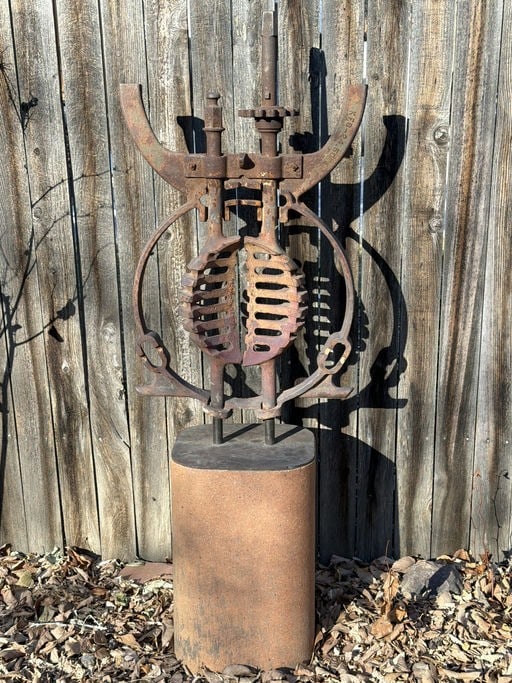 Industrial Iron Gear Sculpture On Pedestal Base, Size: 33" Height: Industrial Iron Gear Sculpture On Pedestal Base, Size: 33" Height