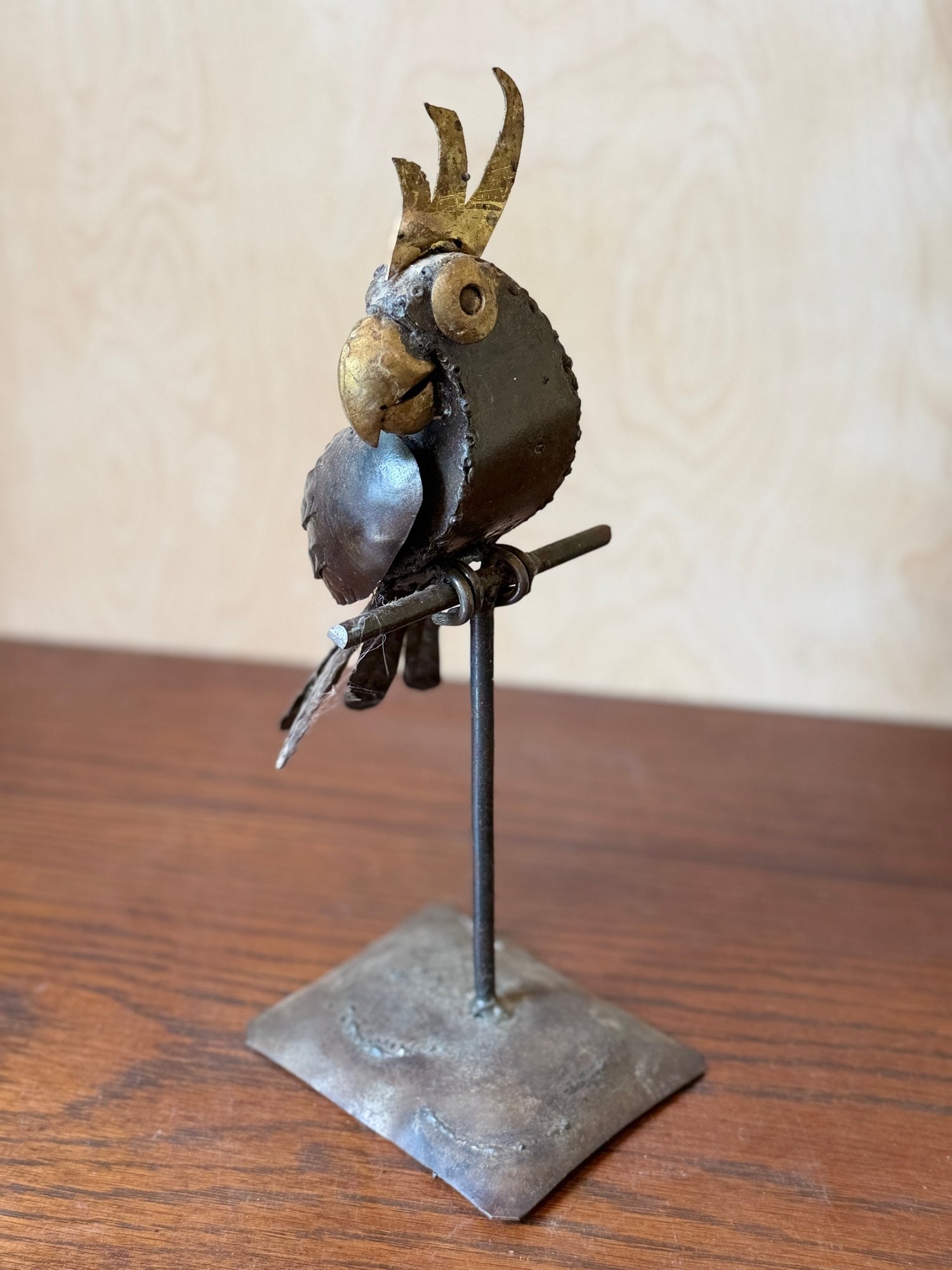 Brutalist Welded Metal Cockatoo Sculpture on Perch Stand (1 of 3)