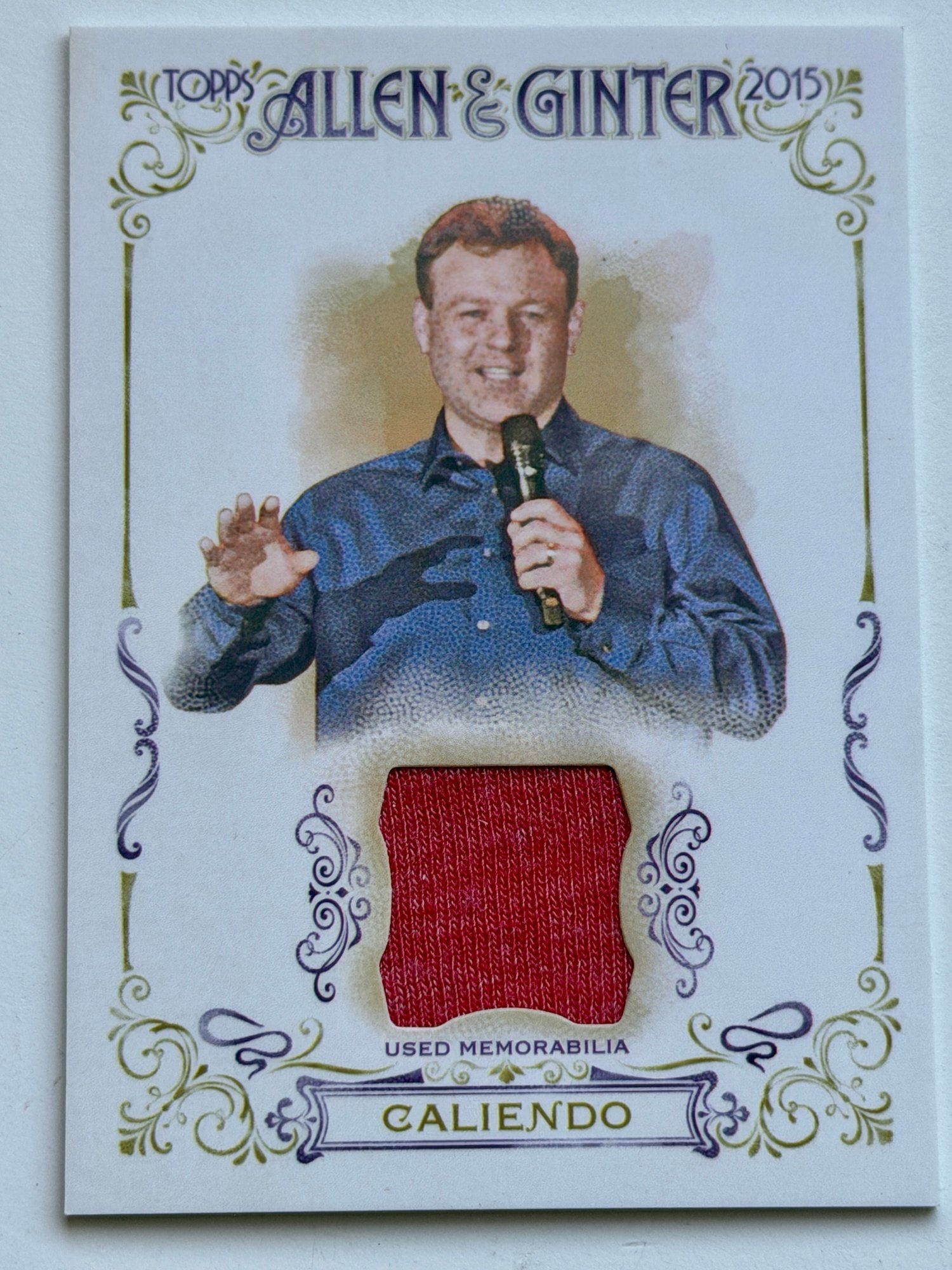 2011 Topps Allen & Ginter Frank Caliendo Relic Card: A unique crossover between sports and entertainment, this lot features a "Used Memorabilia" relic card of comedian and impressionist Frank Caliendo. Part of the 2011 Topps Allen & Ginter series, which